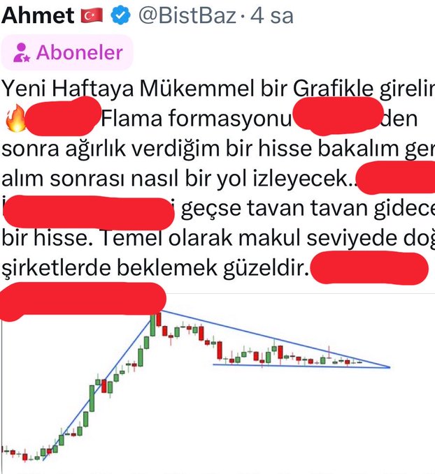 A Turkish tweet from @BistBaz excitedly announces entering a new week with a bullish chart showing a breakout from a sideways consolidation pattern (triangle/pennant). The redacted portions suggest the post teases a specific stock with a "flag formation" that has been coiling sideways and is poised for an upside breakout, aligning with the caption's description of catching a "rocket" after patient technical analysis.