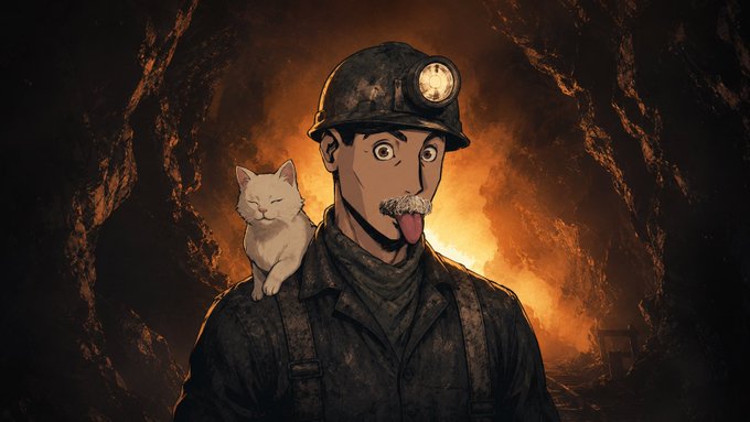 A soot-covered miner with a headlamp and wide, exhausted eyes carries a small white cat on his shoulder inside a dimly lit mine, his expression reflecting the dim hopes of crypto projects trying to stand out. The image pairs with the post's caution about launching a token in the shadow of an established competitor like ORE, whose fixed supply and strong token economics leave newcomers "mining" for relevance in an already crowded shaft.