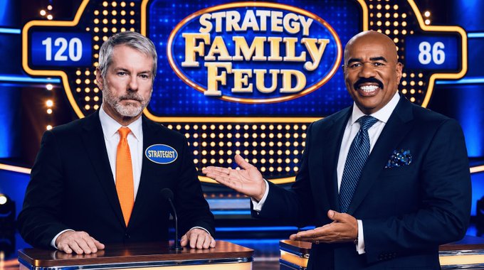 The image features two men dressed in suits, one wearing an orange tie and the other a blue tie, standing behind a podium at a television set. They are positioned as if they are participating in a debate or discussion about Bitcoin trading strategies. The background of the scene includes a sign that reads "Strategy Family Feud" and numbers "120" and "86".