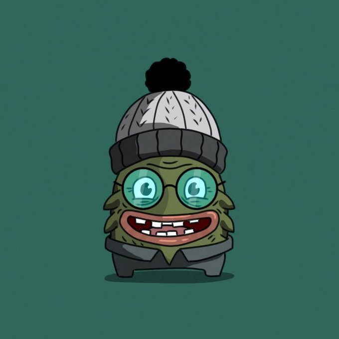 A cartoonish green-skinned character with a wide, toothy grin, large round glasses, and a white knit beanie with a black pom-pom stands against a teal background. The image humorously pairs with the post's message about needing to "go harder" and "lock in," capturing a quirky, determined morning vibe.