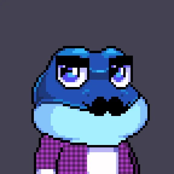 A pixel art illustration of a blue frog character with large eyes, wearing a purple checkered shirt against a dark purple background.