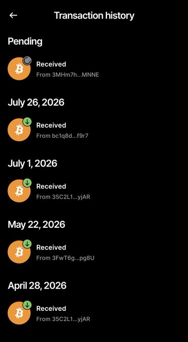 A mobile screenshot of a Bitcoin transaction history page showing a pending received transaction from "3MHm7h...MNNE" alongside multiple completed received transactions dated July 26, July 1, May 22, and April 28, 2026. The image visually supports the post about adding more bitcoin to a cold wallet, as the recent transactions reflect incoming BTC deposits.