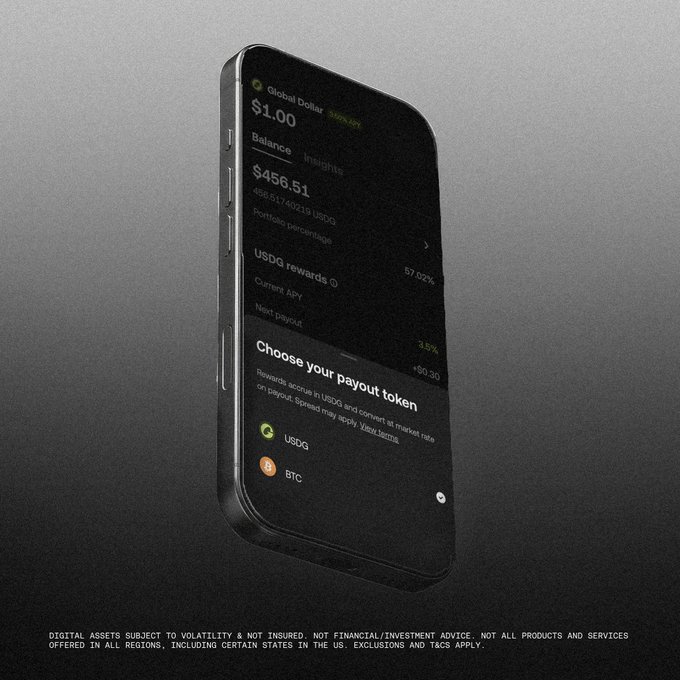 A smartphone mockup displaying the Global Dollar (USDG) stablecoin app interface showing a $456.51 balance, 3.5% APY rewards, and payout token options between USDG and BTC.