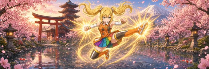 An anime-style blonde character in a colorful outfit leaps dynamically through the air, surrounded by glowing golden energy rings, set against a vibrant Japanese landscape featuring cherry blossoms, a torii gate, a pagoda, and Mount Fuji in the background.