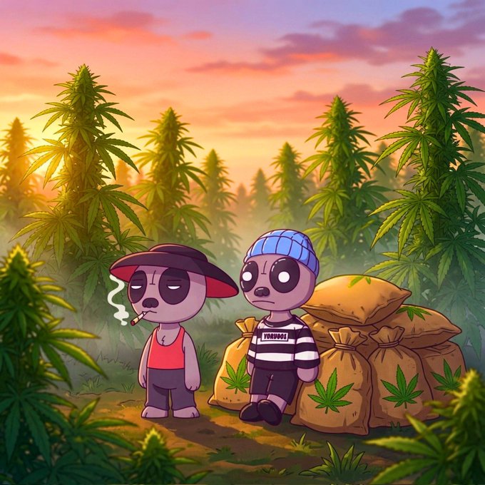 The image features two cartoon characters standing next to a pile of bags, with one character smoking a cigarette while the other character looks at him. The background includes a forest scene with trees and a sunset, creating an artistic and whimsical atmosphere. The post about Friday's delegation rewards is related to this image as it suggests that the characters might be claiming their share of the rewards for their hard work or dedication throughout the week.