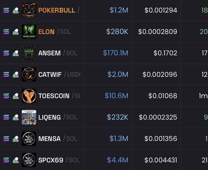 A cryptocurrency listing screen showing tokens including POKERBULL ($1.2M), ELON ($280K), ANSEM ($170.1M), CATWIF ($2.0M), TOESCOIN ($10.6M), LIQENG ($232K), MENSA ($1.3M), and SPCX69 ($4.4M), mostly paired with SOL.