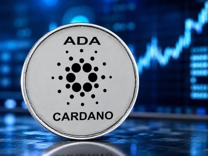 A silver Cardano (ADA) cryptocurrency coin displayed against a blue background featuring an upward-trending digital chart.