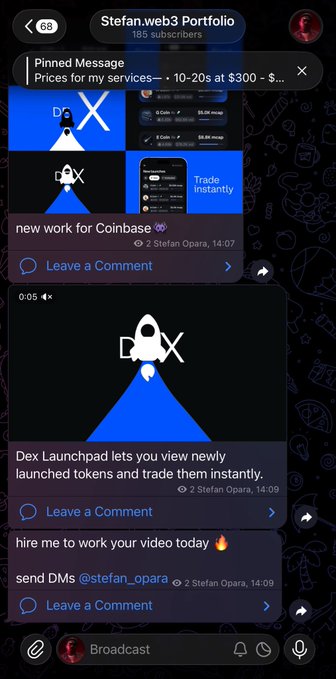 A Telegram channel 'Stefan.web3 Portfolio' with 185 subscribers showing pinned messages about services and posts about Coinbase work and a Dex Launchpad featuring a rocket graphic.