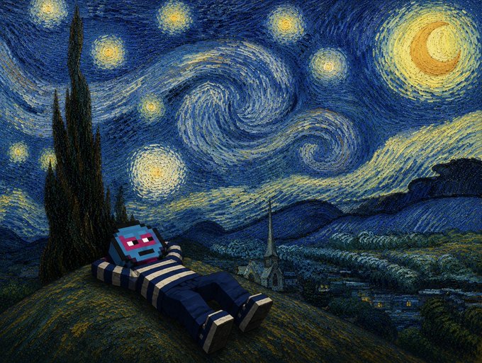 A digital artwork parodies Van Gogh's 'Starry Night,' depicting a pixelated character with a red mask lying on a hill beneath the swirling sky.