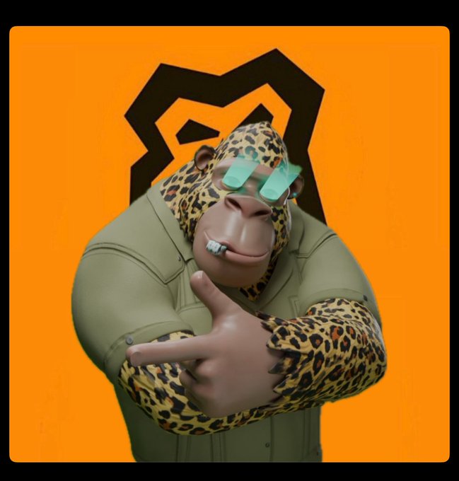 A 3D-rendered cartoon monkey character wearing sunglasses, a green jacket with leopard print sleeves, pointing toward the viewer against an orange background.