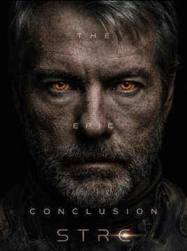 A dark, intense portrait of a bearded man with glowing orange eyes features the text "THE EFC CONCLUSION STRC" overlaid on his face, evoking a dramatic conclusion for the STRC product. The striking visual parallels the post's message about Strategy ($MSTR) strengthening its STRC offering and pushing for broader market penetration.