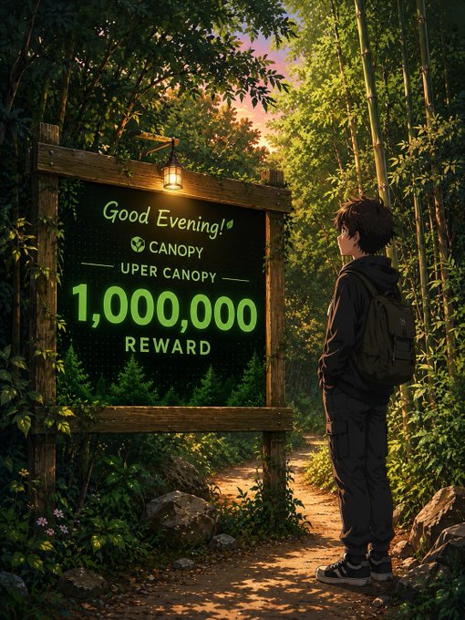 An anime-style illustration of a person with a backpack looking at an illuminated wooden sign in a bamboo forest that reads 'Good Evening! CANOPY UPER CANOPY 1,000,000 REWARD'.
