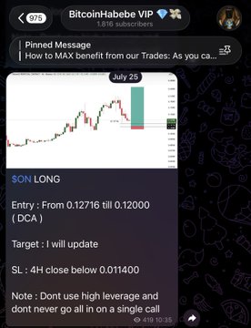 The image shows a Telegram post from "BitcoinHabebe VIP" (975 subscribers) promoting a $ON long trade, featuring a candlestick chart from July 25 with an entry zone of 0.12716-0.12000 and a stop loss at a 4H close below 0.011400. The accompanying caption celebrates the call's success, highlighting the 50%+ gain in a day as proof of the VIP channel's value to attract new subscribers.