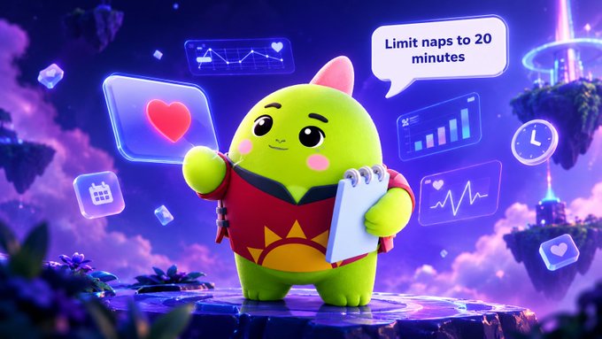 An illustration of a cute green cartoon character holding a notepad with a speech bubble saying 'Limit naps to 20 minutes,' surrounded by floating health tracking icons and charts.