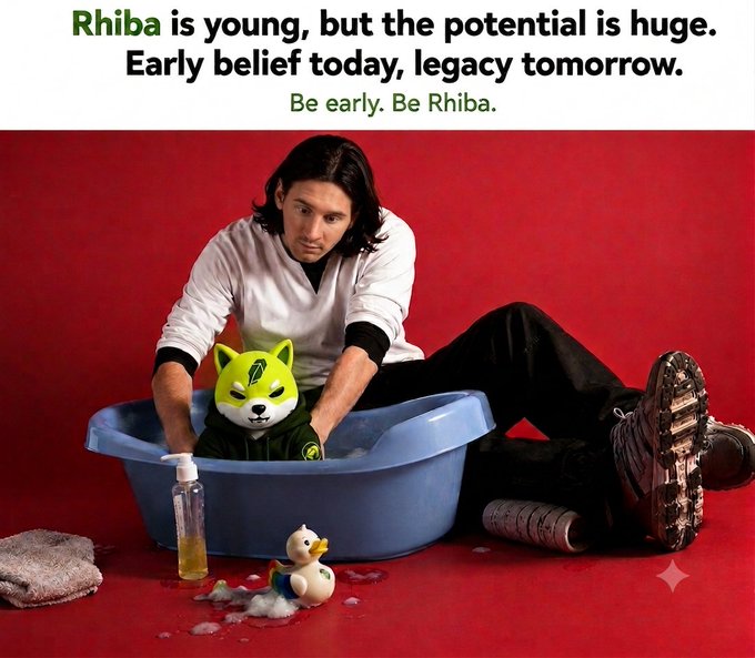 An advertisement for Rhiba featuring a man washing a dog wearing a green wolf mask in a blue tub, with the text 'Rhiba is young, but the potential is huge. Early belief today, legacy tomorrow. Be early. Be Rhiba.'