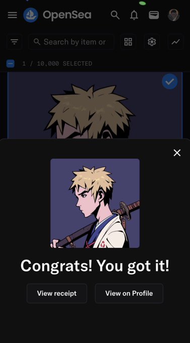 An OpenSea screenshot showing a purchase confirmation popup with 'Congrats! You got it!' over an anime character NFT, with '1 / 10,000 SELECTED' at the top.