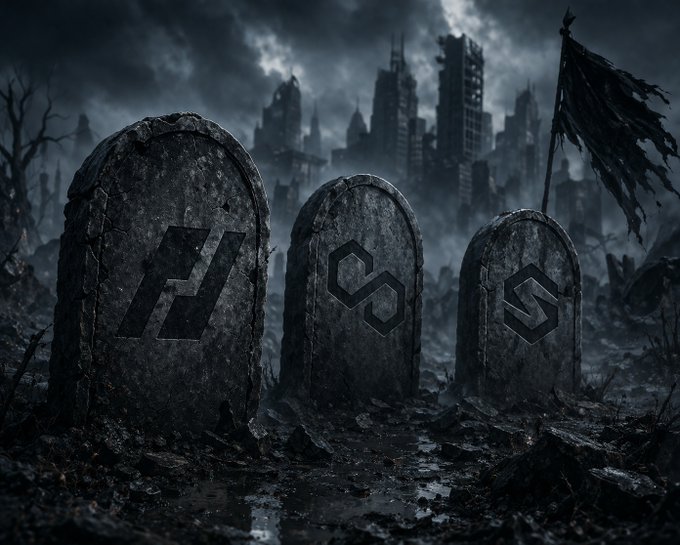 A dark, gothic image showing three weathered tombstones in a ruined landscape with a destroyed city skyline in the background, each tombstone engraved with a symbol: a lightning bolt, an infinity sign, and a square spiral.
