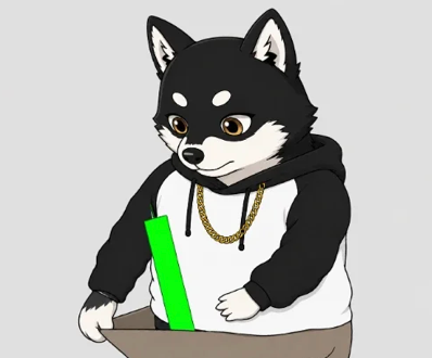 An animated illustration of a black and white Shiba Inu dog wearing a black and white hoodie with a gold chain necklace, holding a green object.