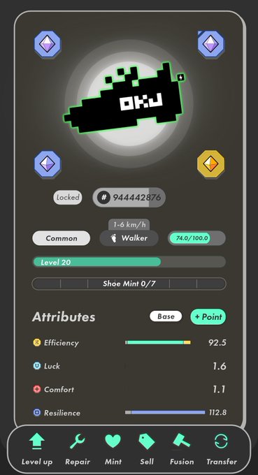 A gaming interface shows a pixelated shoe NFT labeled 'OKY' at Level 20, classified as Common with attributes including Efficiency 92.5, Luck 1.6, Comfort 1.1, and Resilience 112.8.