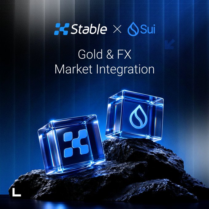 The image announces a partnership between “Stable” and “Sui” with the text “Gold & FX Market Integration.” It features glowing blue cubes bearing the Stable and Sui logos, symbolizing their collaboration to bring precious metals and FX trading to the Sui network.