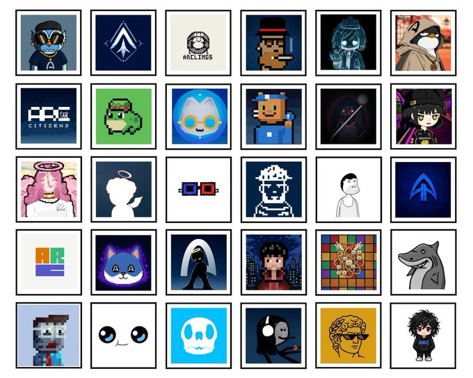 A collection of 30 NFT profile pictures and logos displayed in a grid, showcasing various digital art collections on the Arc blockchain. The image visually represents the diverse range of NFT projects mentioned in the post, featuring pixel art characters, stylized portraits, and branded logos from collections like 8bitard, Akadot, ArcBrokies, Arcadians, Arcins, and Arcangels.