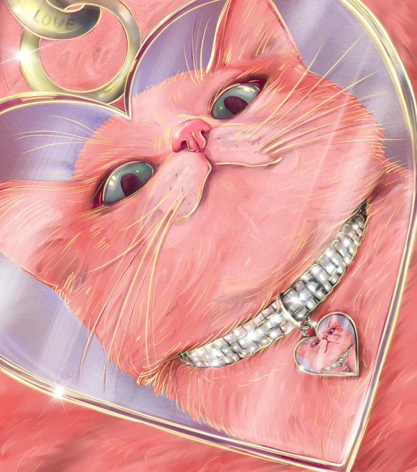 A digital illustration of a grinning pink cat with sharp teeth, featuring gold 'LOVE' text, diamond-encrusted grills, and a heart-shaped pendant.
