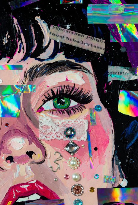 A vibrant mixed-media collage artwork featuring a large expressive eye with a green iris, surrounded by paint strokes, rhinestones, pearls, lace, and holographic tape pieces with fragments of text.