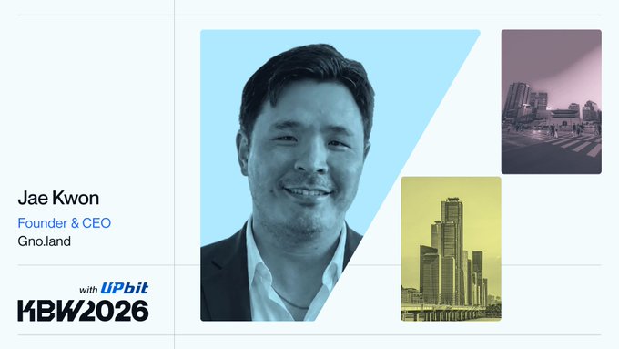A profile graphic for Jae Kwon, Founder & CEO of Gno.land, featuring a blue-toned portrait photo alongside cityscape images, with 'with UPbit KBW2026' branding.