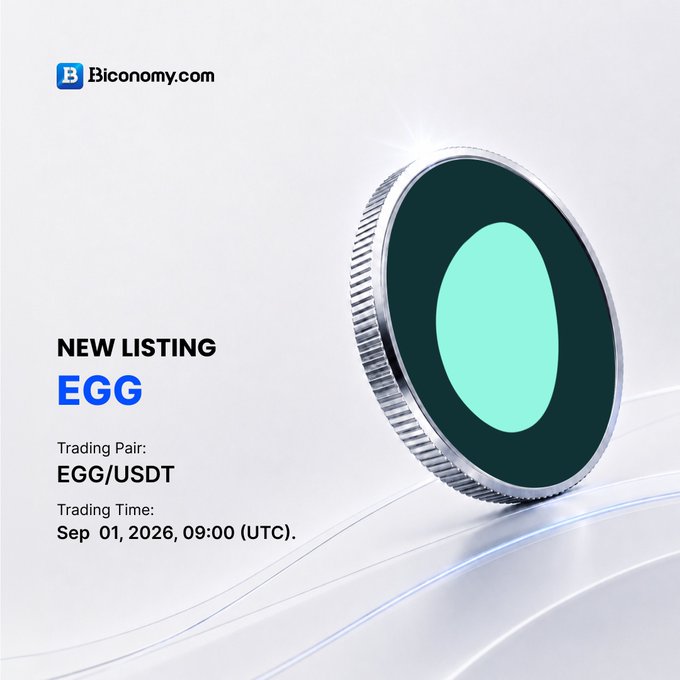A promotional graphic from Biconomy.com announcing a new listing for 'EGG' with trading pair 'EGG/USDT' starting Sep 01, 2026, 09:00 (UTC), featuring a 3D rendered coin with a teal and black design.