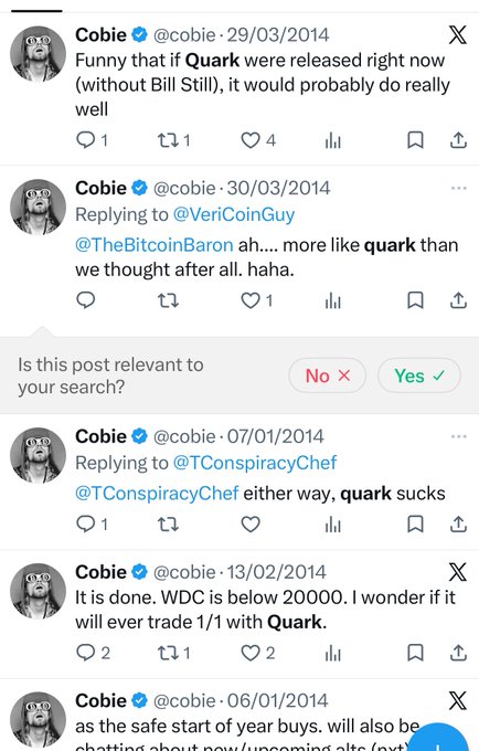 This image shows past tweets from "Cobie" mentioning "Quark" in 2014, some positive, some negative, which the accompanying post uses to justify buying $Quarkcoin.