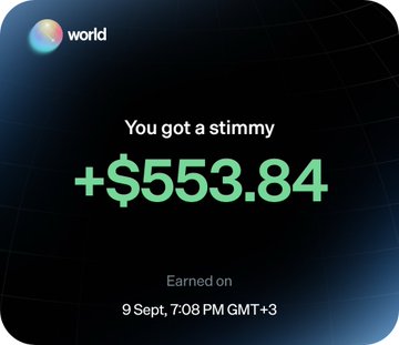 The image shows a notification from "world" (Worldcoin) displaying a reward of "+$553.84" earned on 9 Sept, 7:08 PM GMT+3. This appears to be proof of earnings referenced in the accompanying post about making over $2000 through quick transactions, illustrating one of the individual "stimmy" payouts contributing to the claimed total profits.