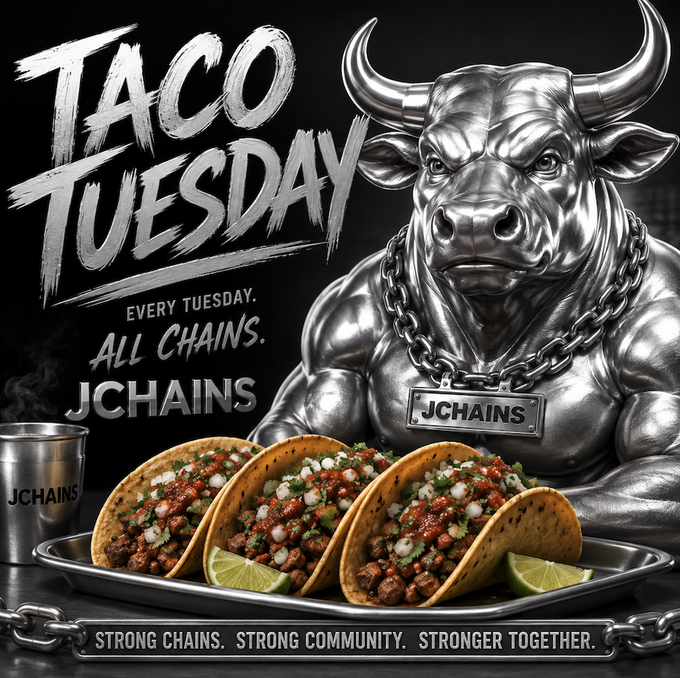 JCHAINS 'Taco Tuesday' promotional graphic featuring a silver chrome bull mascot wearing a JCHAINS chain, alongside tacos and the slogan 'Strong chains. Strong community. Stronger together.'