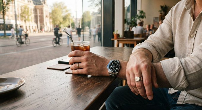 A man wearing a beige shirt sitting at a wooden cafe table holding an iced drink, wearing a watch and rings, with a city street visible through the window.