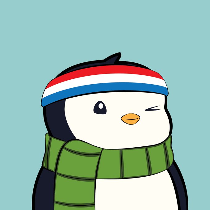 An illustrated cartoon penguin wearing a red, white, and blue striped headband and a green scarf, winking against a light blue background.