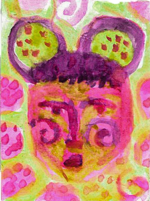 Vibrant watercolor painting of a stylized mouse or bear-like face with large purple and green heart-shaped ears, surrounded by pink and green decorative patterns.