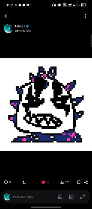 A Twitter/X post by user 'Lekr' (@phardy_lekr) displaying a pixel art drawing of a monster-like character in black, white, and pink.