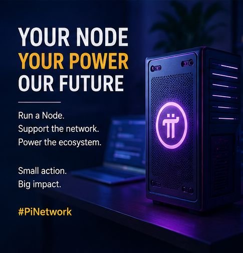 A promotional poster with the text 'YOUR NODE, YOUR POWER, OUR FUTURE' encouraging users to 'Run a Node. Support the network. Power the ecosystem,' featuring a glowing purple Pi Network node hardware device and the hashtag '#PiNetwork'.