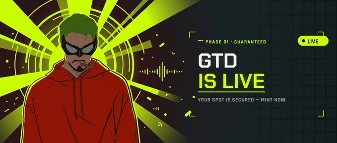 A stylized illustration of a masked figure in a red hoodie stands against a vibrant yellow and black background, promoting the launch of the "GTD" NFT collection with text reading "PHASE 01 · GUARANTEED," "GTD IS LIVE," and "YOUR SPOT IS SECURED — MINT NOW," alongside a "LIVE" indicator. The dynamic graphic visually supports the post's call to action, inviting viewers to join the cinematic NFT drop on OpenSea.