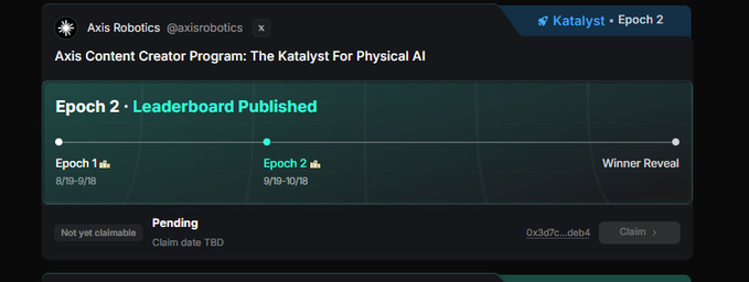A dashboard for the Axis Robotics Content Creator Program 'Katalyst • Epoch 2', showing the Epoch 2 Leaderboard Published with dates and a pending claim section.