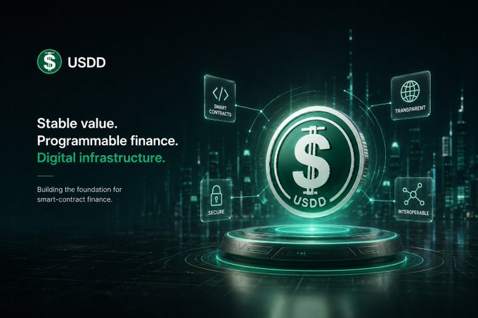 USDD promotional banner reading 'Stable value. Programmable finance. Digital infrastructure.' featuring a glowing USDD coin on a tech-inspired platform with icons for Smart Contracts, Transparent, Secure, and Interoperable.