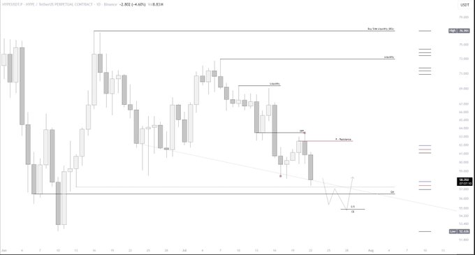 A financial candlestick chart for US100/USD showing price movements, annotated with Fibonacci levels and support/resistance lines, indicating a bearish outlook with a target near 56,991.