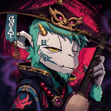 A stylized illustration of a horned goat-like figure dressed in traditional Asian-inspired attire, wearing an ornate witch hat and red beads, playing a stringed instrument with the text "GOAT" displayed on its hat. The artwork features vibrant teal fur and a red demon mask, perfectly capturing the mystical theme of the "GoatsOfSolana" NFT project being given away.