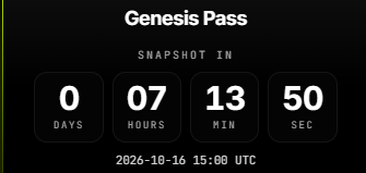 A countdown timer for the 'SNAPSHOT IN' Genesis Pass showing 0 days, 07 hours, 13 minutes, and 50 seconds remaining, with a date of 2026-10-16 15:00 UTC.
