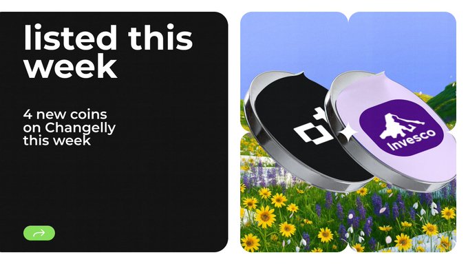 A promotional graphic for Changelly announces "listed this week" with "4 new coins on Changelly this week," alongside 3D-rendered coin tokens for Polygon ($POL) and Invesco set against a wildflower background, matching the post's announcement of newly listed tokens including $CAP, $NES, $O, and $QQQON available for trading.