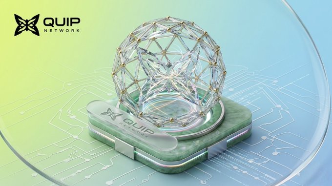 3D rendering of a geodesic dome structure inside a glass bowl on a green circuit-like base, with the Quip Network logo in the top left corner.