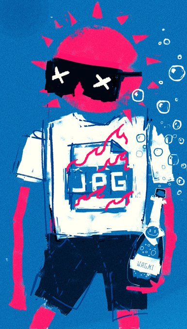 A stylized, pink-skinned figure wearing "X" eyes and a shirt labeled "JPEG" holds a bottle marked "WAGMI" amid floating bubbles. The piece mirrors the post's reflection on crypto art's evolution over five years, riffing on XCOPY's iconic aesthetic while using "WAGMI" as a symbol of hopeful market sentiment for 2026.
