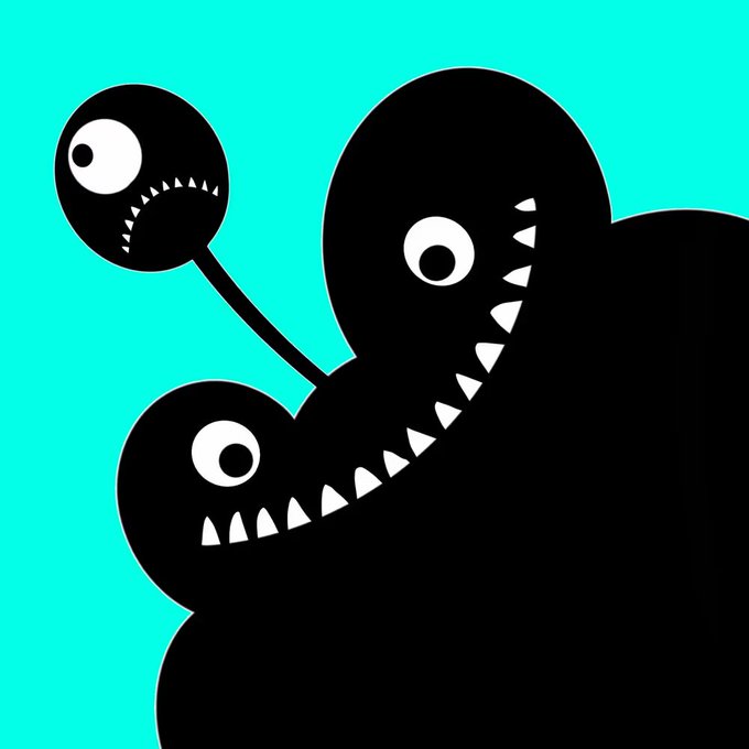 A stylized black monster silhouette with three eyes and jagged, toothy mouths on a bright teal background.