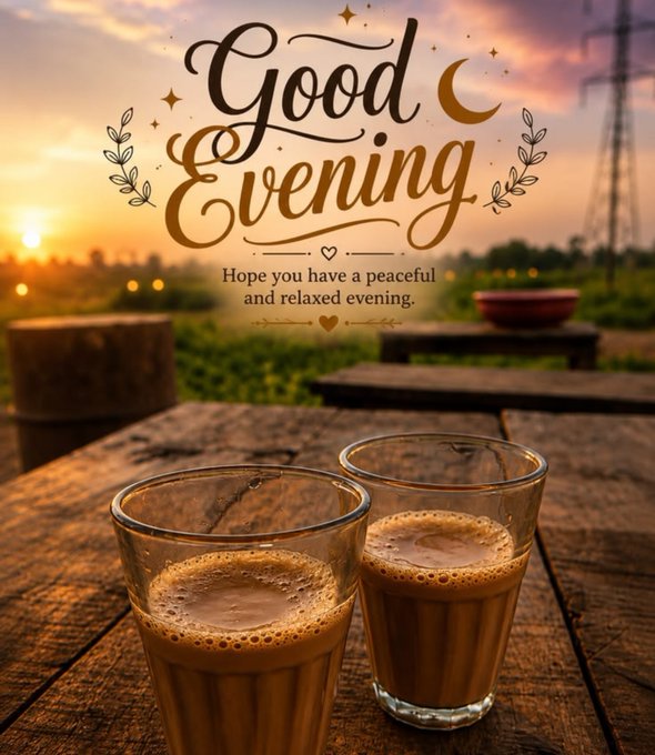 A 'Good Evening' greeting card featuring two glasses of tea/chai on a wooden table with a sunset field background and the message 'Hope you have a peaceful and relaxed evening.'