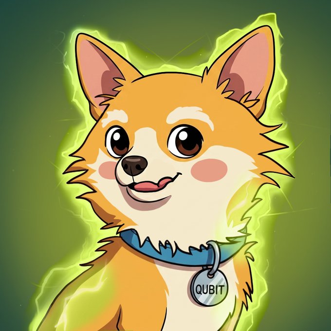 A cartoon illustration shows a smiling orange and white dog surrounded by glowing green lightning, wearing a blue collar with a tag labeled "QUBIT," matching the post's description of the quantum-themed meme token paired with $GOOGL on the Robinhood Chain.