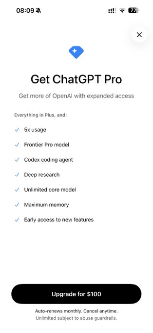 The image shows a ChatGPT mobile app upgrade screen offering the Pro plan for $100/month, listing features like "5x usage," "Frontier Pro model," "Codex coding agent," "Deep research," "Unlimited core model," "Maximum memory," and "Early access to new features." This directly supports the post's warning that "5x Pro" access is a limited-time deal, as the screen only offers 5x (not 20x) usage—visually reinforcing the message that higher-tier benefits may soon disappear entirely.